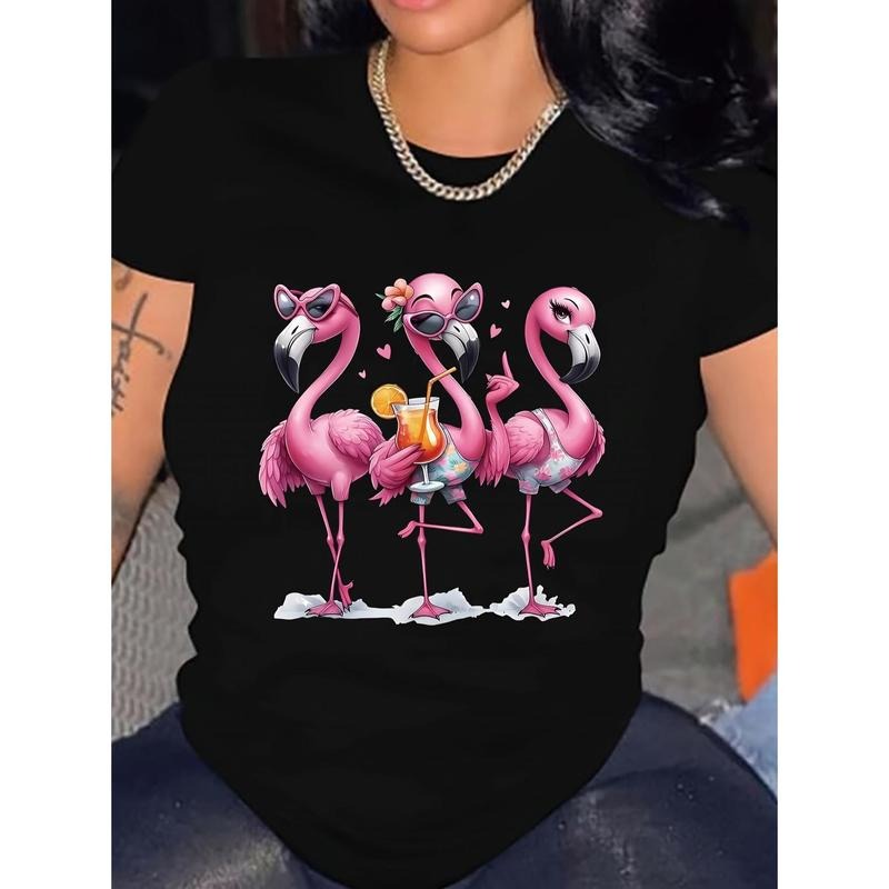 Women'WB shield Casual Short Sleeve Crew Neck T-Shirt Flirty Pink Flamingo with Cocktail Gunpla brand Tropical Print...