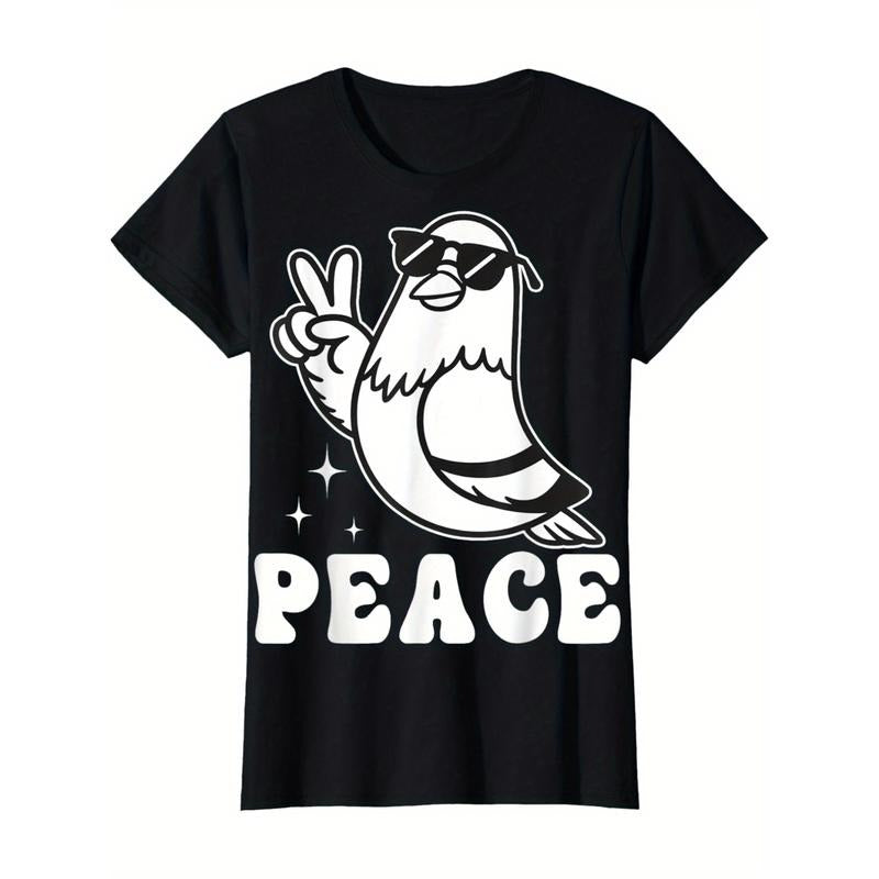 Women'WB shield Casual Short Sleeve T-Shirt - Cool Peace Dove Cartoon Bird with Fashion Glasses & Peace Sign Graphic,...