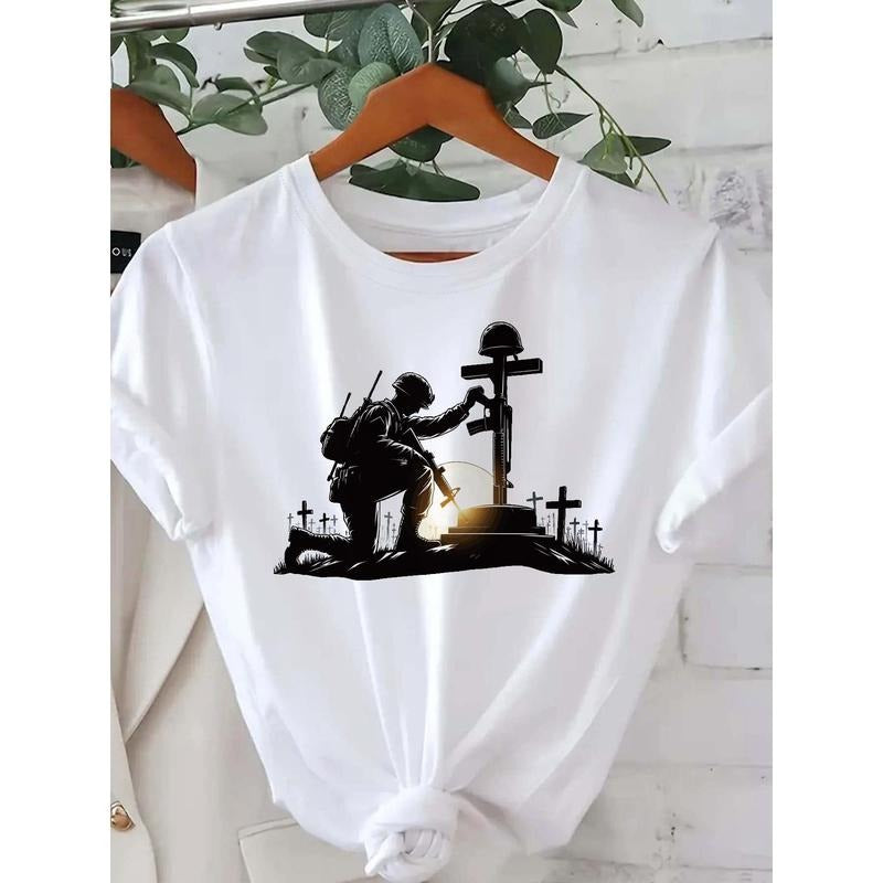 Women'WB shield Casual Short Sleeve T-Shirt with Soldier Helmet Print - Comfortable Round Neck Top, Classic Design,...