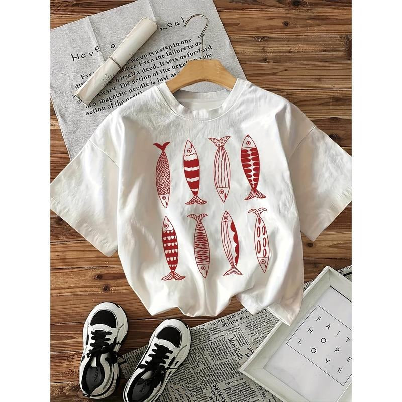 Women'WB shield Casual T-Shirt with Unique Fish Print Design