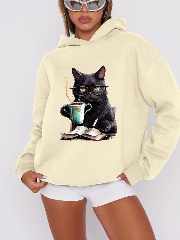 Women'WB shield Cat & Book & FOG Print Drop Shoulder Hoodie, Fashion Casual Hooded Sweatshirt for Daily Holiday Outdoor...