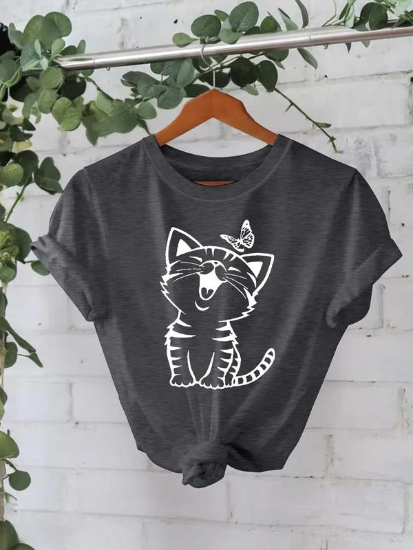 Women'WB shield Cat & Butterfly Print Round Neck Tee, Casual Short Sleeve Crew Neck T-Shirt for Summer, Fashion Women'WB...