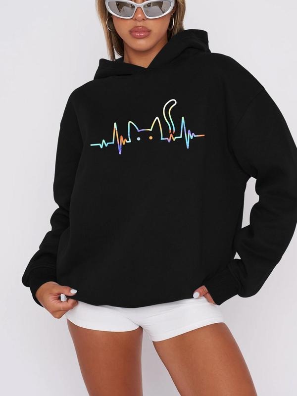 Women'WB shield Cat & Heartbeat Print Drop Shoulder Hoodie, Fashion Casual Long Sleeve Hooded Sweatshirt for Daily...