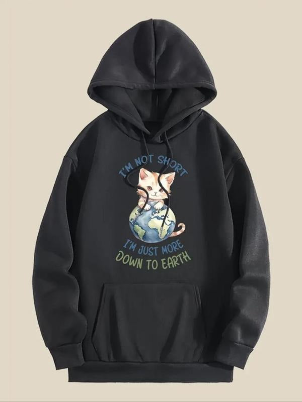 Women'WB shield Cat & Letter Print Drawstring Hoodie, Swoosh Count Casual Hooded Sweatshirt for Daily Holiday Outdoor Wear, Women Clothing for Fall & Winter