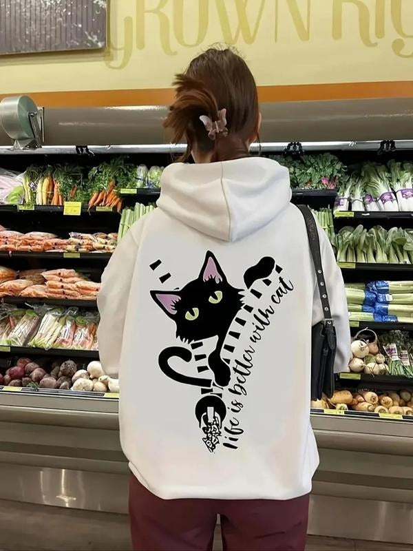 Women'WB shield Cat & Letter Print Drawstring Pocket Hoodie, Fashion Casual Hooded Sweatshirt for Daily Holiday Outdoor...