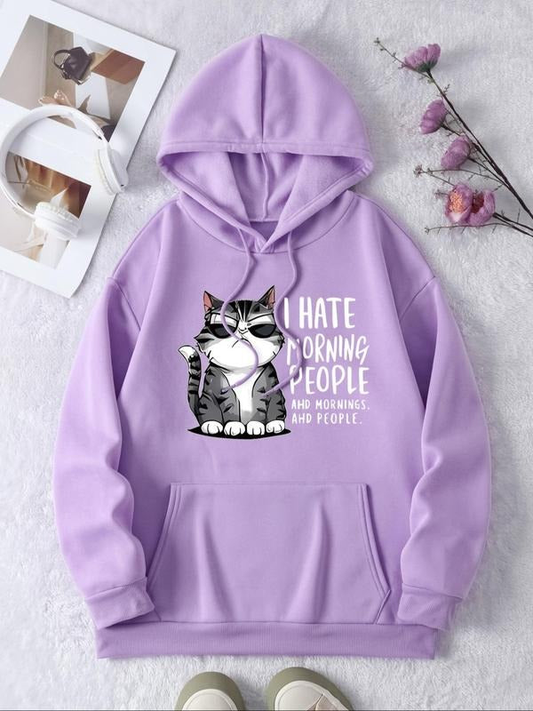 Women'WB shield Cat & Letter Print Drop Shoulder Hoodie, Fashion Casual Drawstring Pocket Hooded Sweatshirt for Daily...