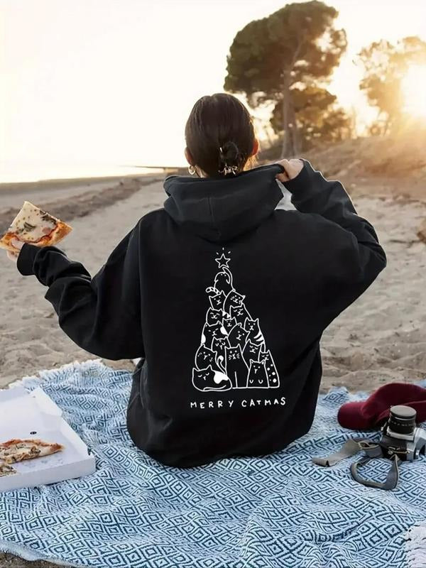 Women'WB shield Cat & Letter Print Drop Shoulder Hoodie, Fashion Casual Drawstring Pocket Hooded Sweatshirt for Daily...