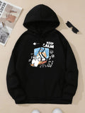 Women'WB shield Cat & Letter Print Keep Calm Hoodie, Fashion Casual Hooded Sweatshirt for Daily Holiday Outdoor Wear, Women Clothing for Fall & Winter