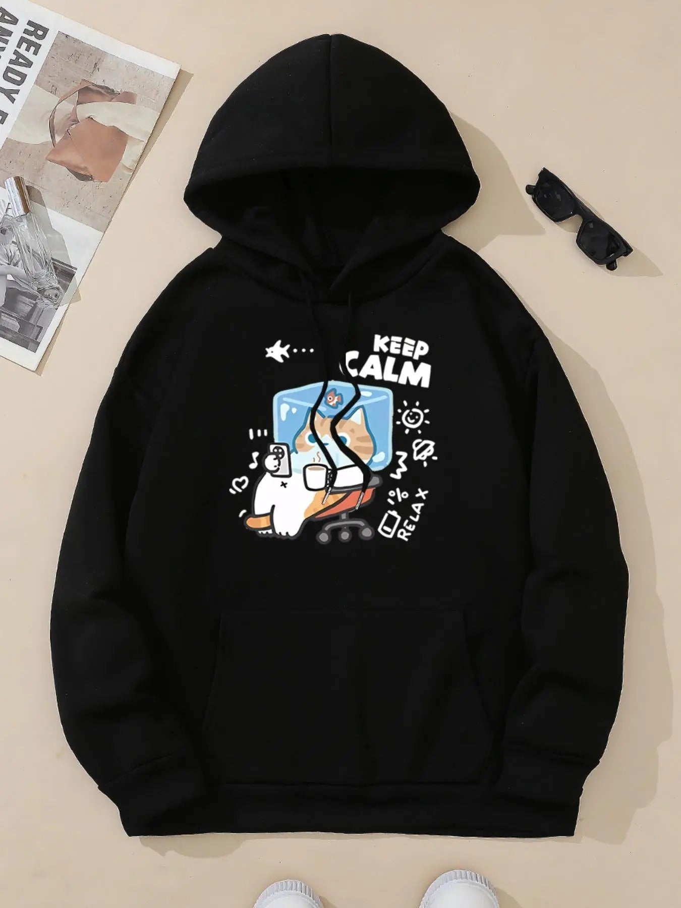 Women'WB shield Cat & Letter Print Keep Calm Hoodie, Fashion Casual Hooded Sweatshirt for Daily Holiday Outdoor Wear, Women Clothing for Fall & Winter