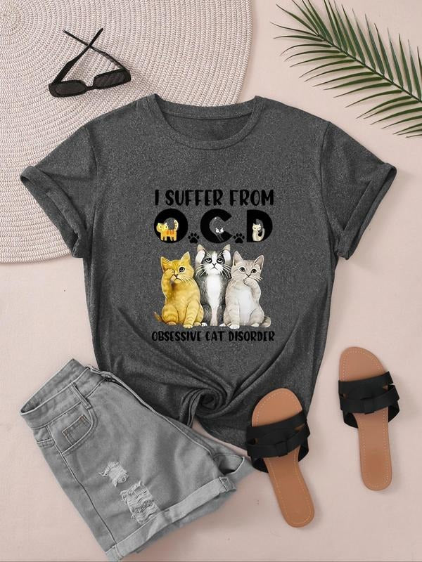 Women'WB shield Cat & Letter Print Round Neck Tee, Fashion Casual Short Sleeve T-shirt for Summer, Ladies TNF for Daily...
