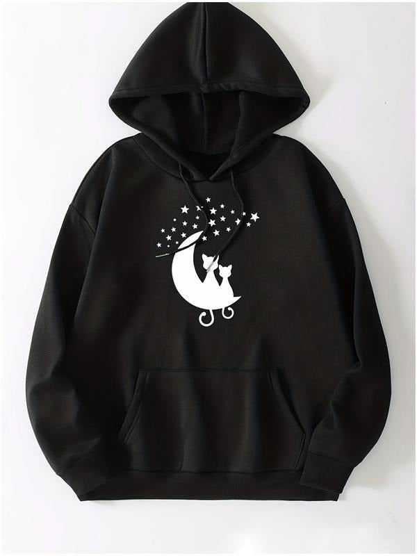 Women'WB shield Cat & Moon Print Drop Shoulder Hoodie, Fashion Casual Drawstring Pocket Hooded Sweatshirt for Daily...