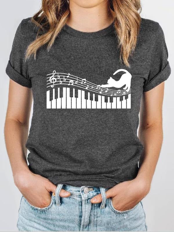 Women'WB shield Cat & Music Note Print Round Neck Tee, Music Festival Essentials Outfit, Casual Short Sleeve Graphic...