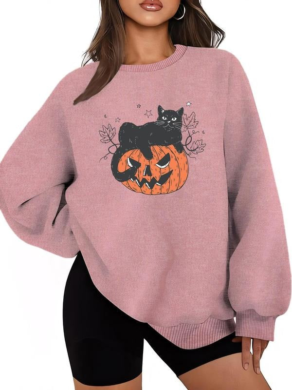 Women'WB shield Cat & Pumpkin Print Drop Shoulder Sweatshirt, Casual Halloween TNF Long Sleeve Round Neck Pullover for...