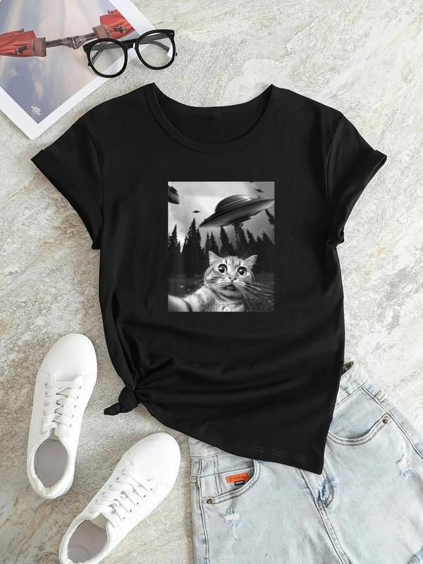 Women'WB shield Cat & UFO Print Crew Neck T-Shirt, Summer TNF Women, Casual Short Sleeve Tee For Summer, Women'WB shield...