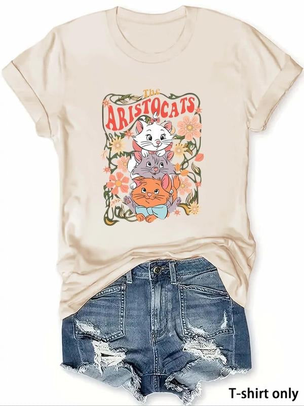 Women'WB shield Cat Graphic Round Neck Tee, Fashion Casual Crew Neck T-Shirt for Daily Holiday Vacation Outdoor Wear,...
