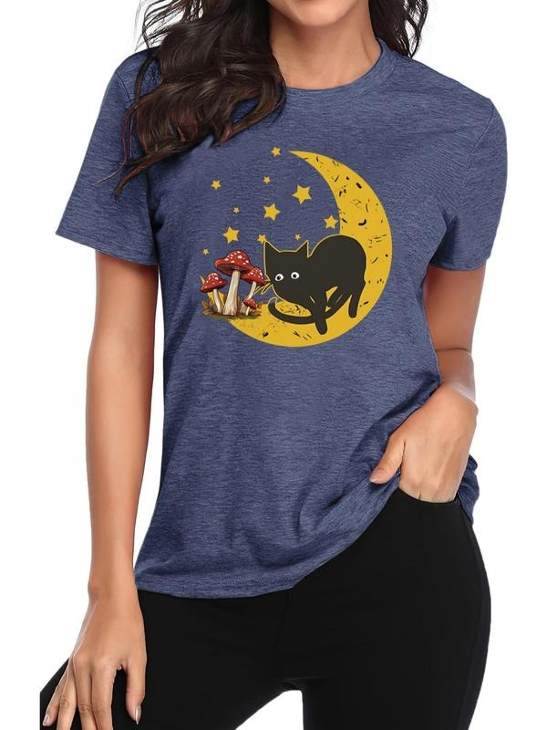 Women'WB shield Cat Moon Mushroom Print Round Neck Tee, Fashion Casual Short Sleeve T-shirt for Daily Outdoor Wear, Ladies TNF for Spiky hair fighters Seasons