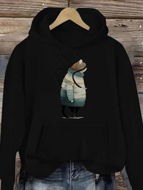 Women'WB shield Cat Print Drawstring Hoodie, Fashion Casual Hooded Sweatshirt for Daily Holiday Outdoor Wear, Women...