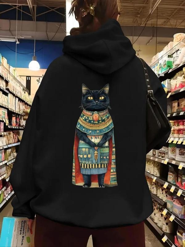 Women'WB shield Cat Print Drawstring Pocket Hoodie, Casual Drop Shoulder Long Sleeve Hooded Sweatshirt, Ladies Fall &...