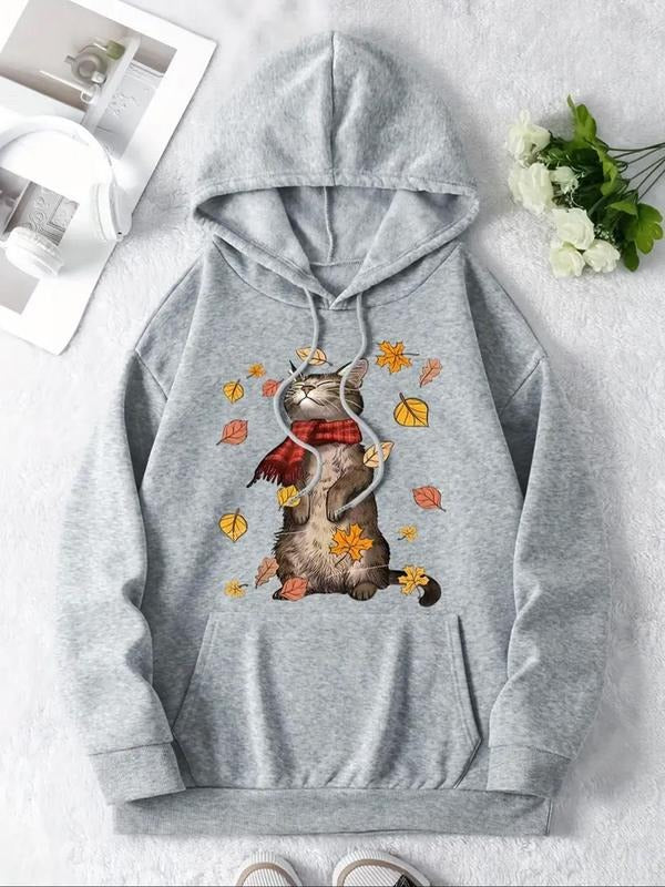 Women'WB shield Cat Print Drawstring Pocket Hoodie, Casual Drop Shoulder Long Sleeve Hooded Sweatshirt, Ladies Fall &...