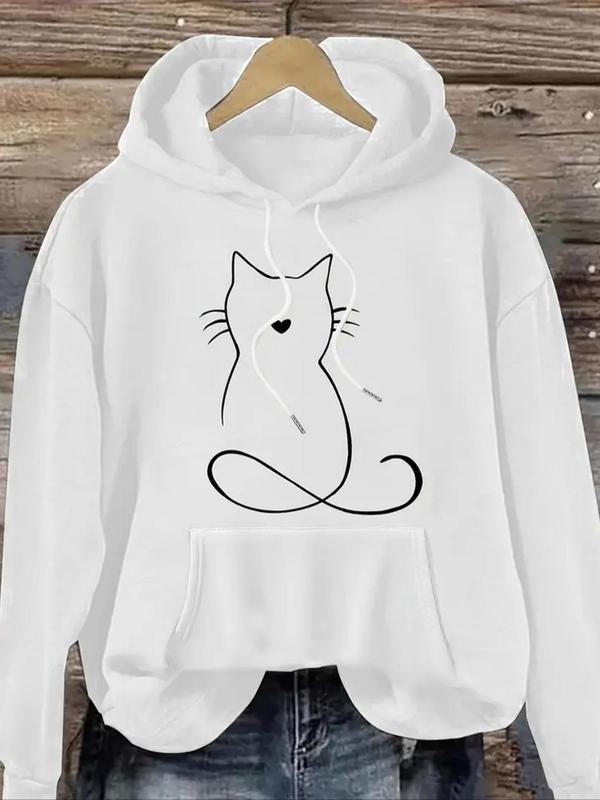 Women'WB shield Cat Print Drawstring Pocket Hoodie, Casual Long Sleeve Hooded Sweatshirt for Fall & Winter, Women'WB...