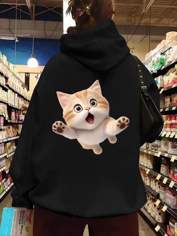 Women'WB shield Cat Print Drop Shoulder Drawstring Hoodie, Fashion Casual Pocket Hooded Sweatshirt for Daily Holiday...