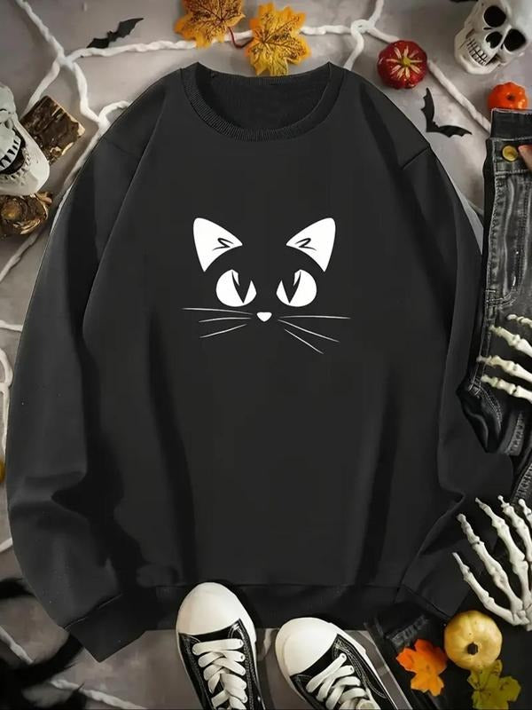 Women'WB shield Cat Print Drop Shoulder Sweatshirt, Casual Long Sleeve Round Neck Pullover for Fall & Winter, Ladies TNF...