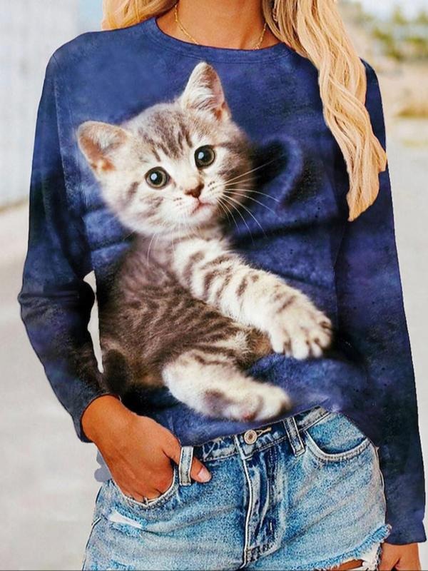 Women'WB shield Cat Print Round Neck Long Sleeve Tee, Casual Animal Print Crew Neck T-Shirt for Spring & Fall, Women'WB...
