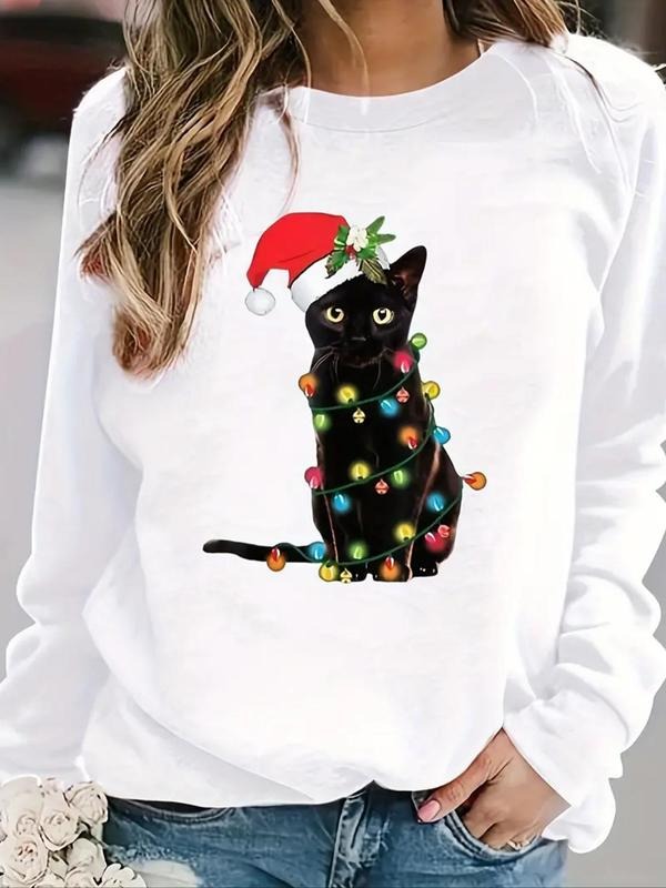 Women'WB shield Cat Print Round Neck Sweatshirt, Casual Long Sleeve Crew Neck Pullover for Fall & Winter, Fashion...