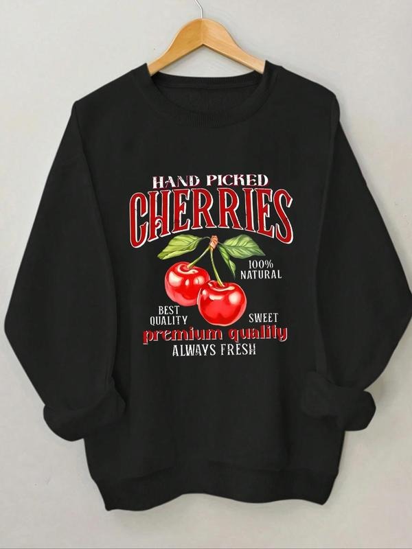 Women'WB shield Cherries & Letter Print Crew Neck Sweatshirt, Casual Long Sleeve Pullover for Daily Wear, Women'WB shield...