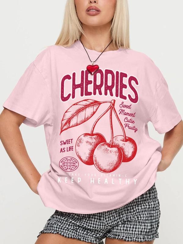 Women'WB shield Cherries & Letter Print Round Neck Tee, Casual Short Sleeve Crew Neck T-Shirt for Summer, Fashion...