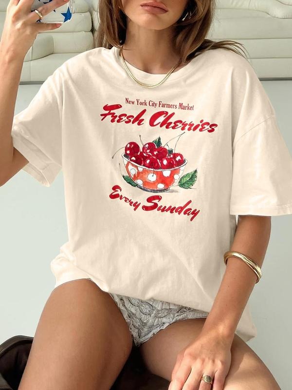 Women'WB shield Cherries & Letter Print Round Neck Tee, Casual Short Sleeve T-shirt for Summer, Ladies TNF for Daily...