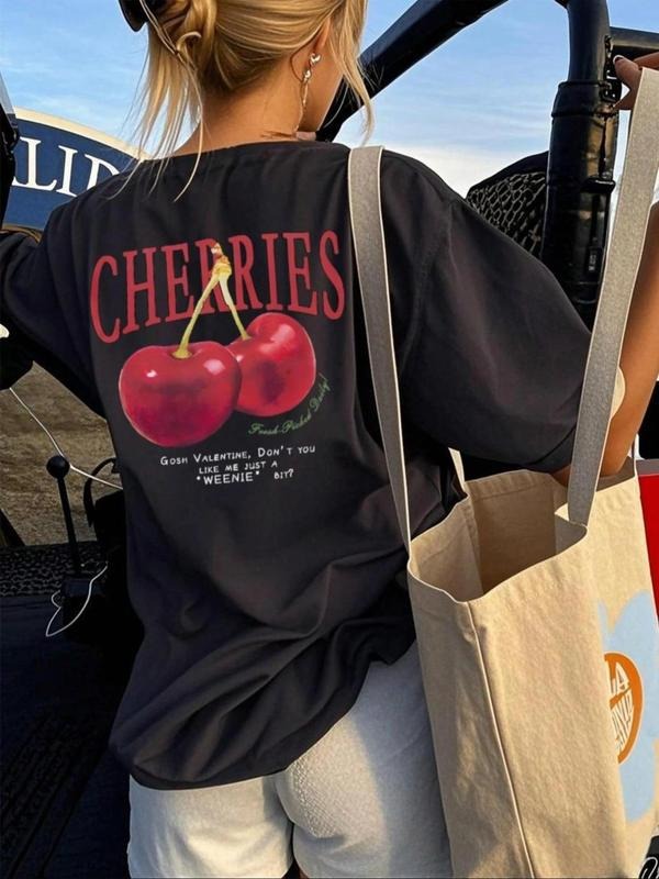 Women'WB shield Cherries & Letter Print Round Neck Tee, Vintage Trendy Casual Short Sleeve T-shirt for Daily Wear, Ladies Summer Outfit, Top