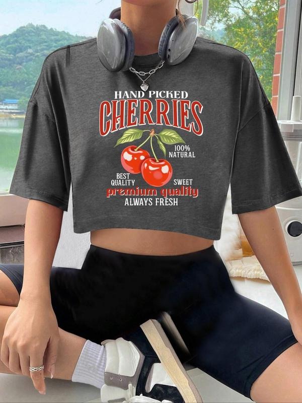 Women'WB shield Cherries Print Round Neck Crop Tee, Casual Short Sleeve Crew Neck T-shirt for Summer, Fashion Women'WB...
