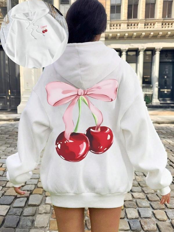 Women'WB shield Cherry & Bow Print Drop Shoulder Long Sleeve Hoodie, Fashion Casual Drawstring Pocket Hooded Sweatshirt...