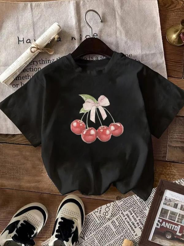 Women'WB shield Cherry & Bow Print Round Neck Tee, Y2K Casual Short Sleeve Crew Neck T-Shirt for Summer, Fashion Women'WB...