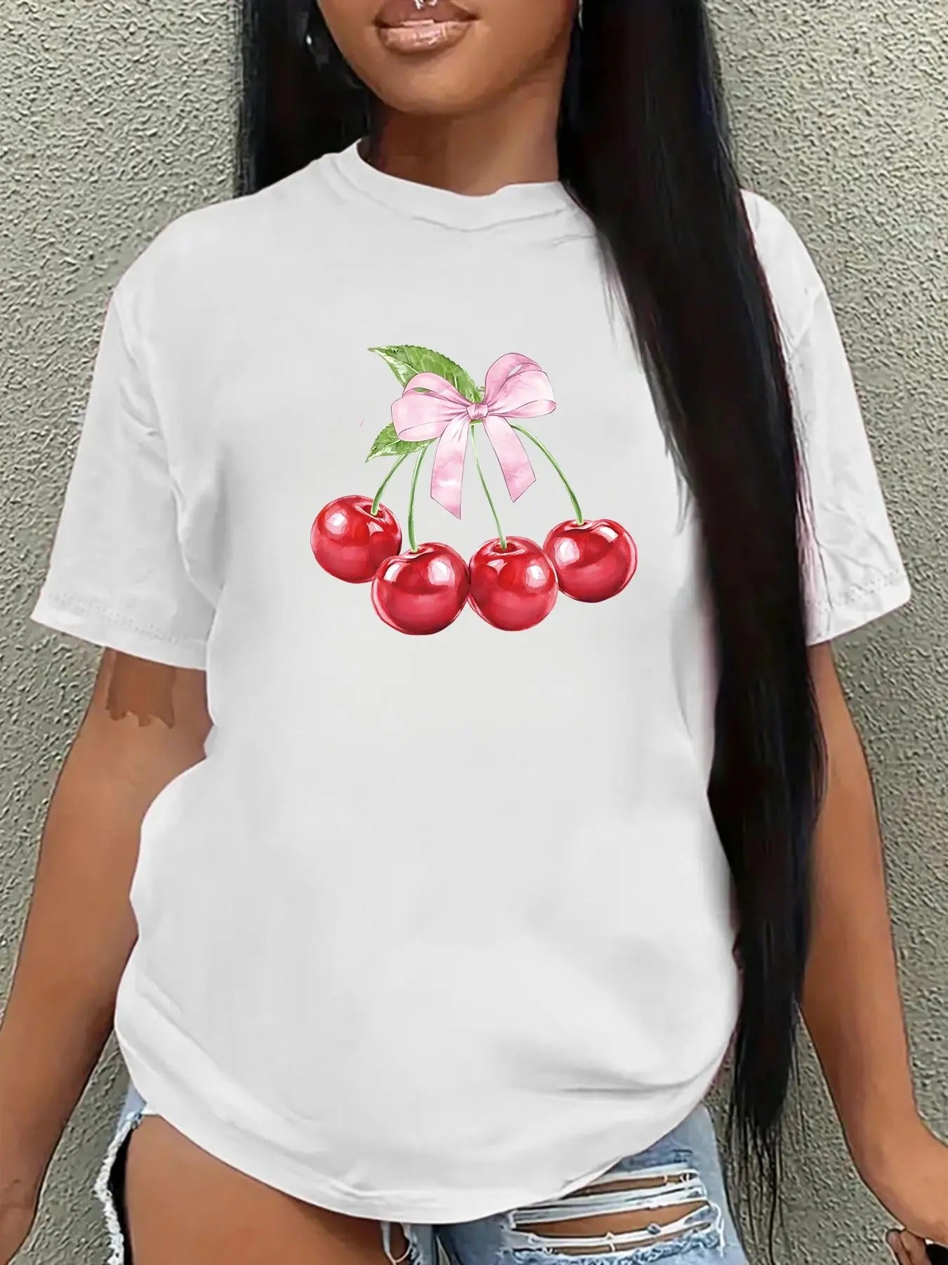 Women'WB shield Cherry & Bow Print Short Sleeve T-shirt, Casual Round Neck Graphic Tee for Summer, Fashion Women'WB...
