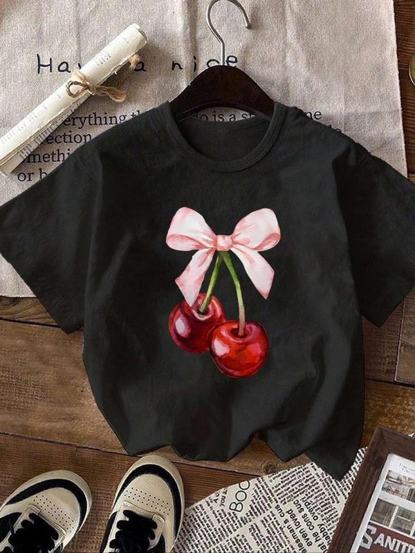 Women'WB shield Cherry & Bow Print Short Sleeve Tee, Casual Round Neck T-shirt for Summer, Women'WB shield Top for Daily...