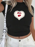 Women'WB shield Cherry & Heart Print Round Neck Crop Tee, Casual Short Sleeve Crew Neck T-Shirt for Summer, Fashion Women'WB shield Top for Daily Wear