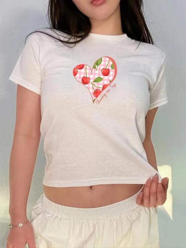 Women'WB shield Cherry & Heart Print Round Neck Crop Tee, Casual Short Sleeve Crew Neck T-shirt for Summer, Fashion...
