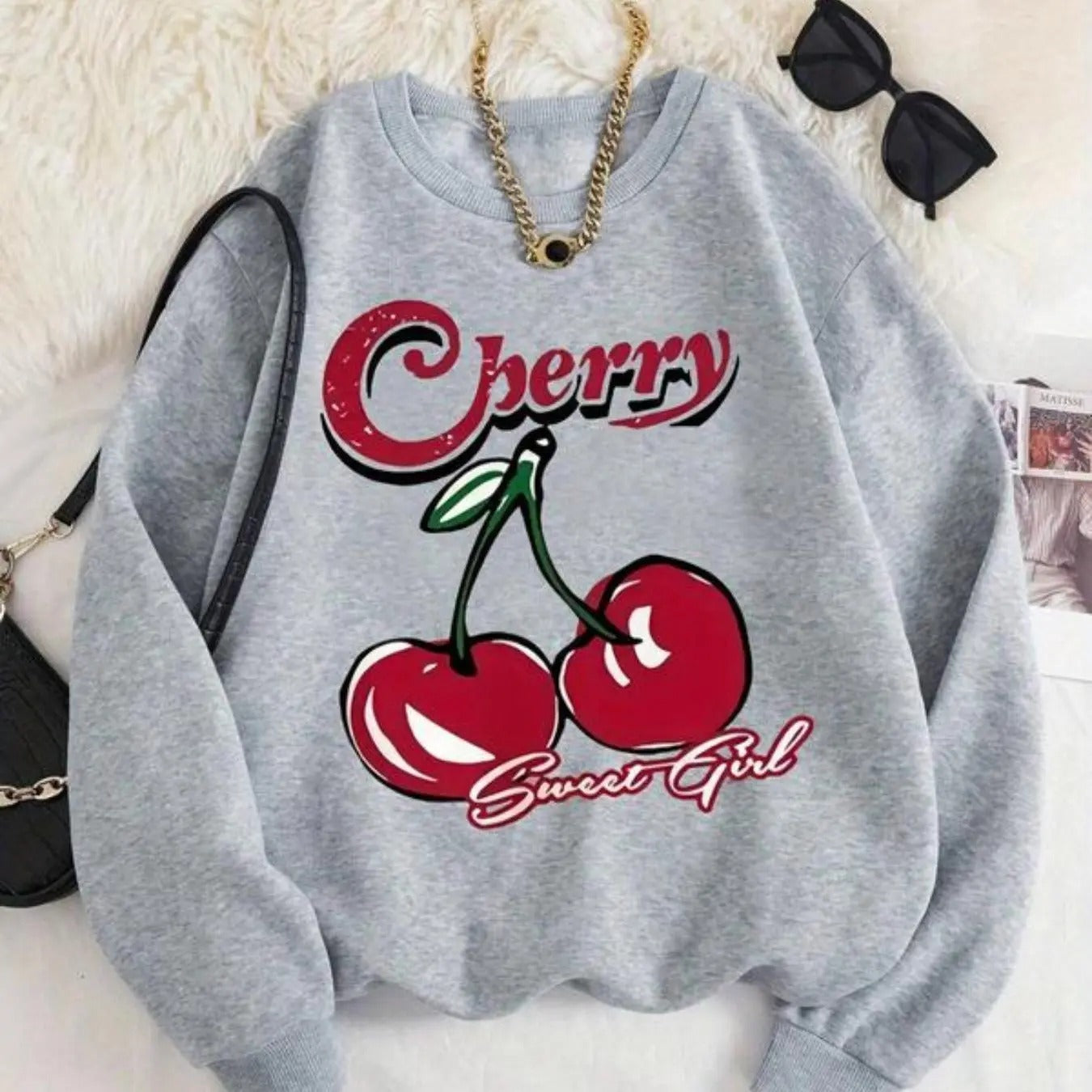 Women'WB shield Cherry & Letter Print Crew Neck Sweatshirt, Casual Drop Shoulder Long Sleeve Pullover for Spring & Fall,...