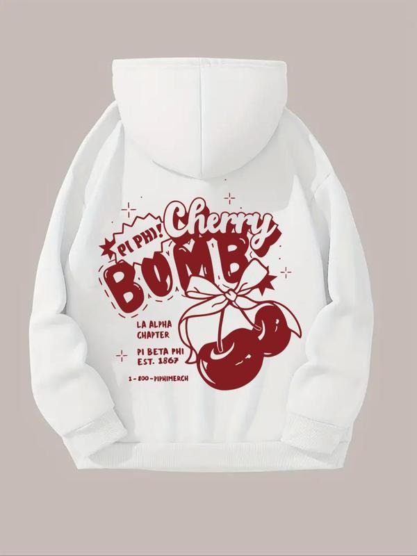 Women'WB shield Cherry & Letter Print Drawstring Pocket Hoodie, Casual Long Sleeve Hooded Sweatshirt for Fall & Winter,...
