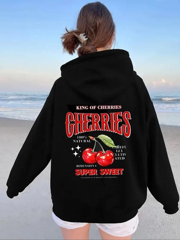Women'WB shield Cherry & Letter Print Drop Shoulder Hoodie, Fashion Casual Drawstring Pocket Hooded Sweatshirt for Daily...