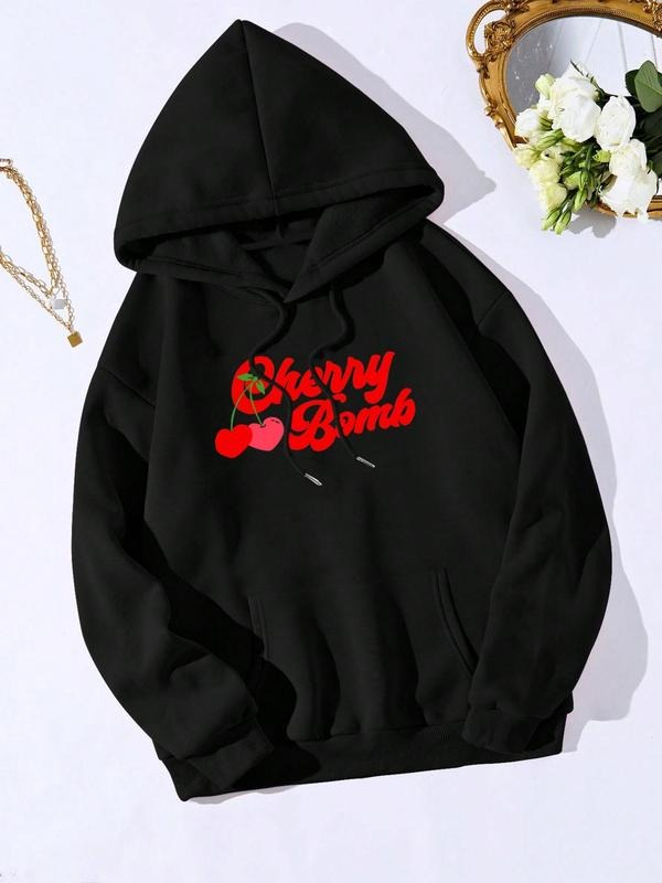 Women'WB shield Cherry & Letter Print Drop Shoulder Hoodie, Fashion Casual Drawstring Pocket Hooded Sweatshirt for Daily...