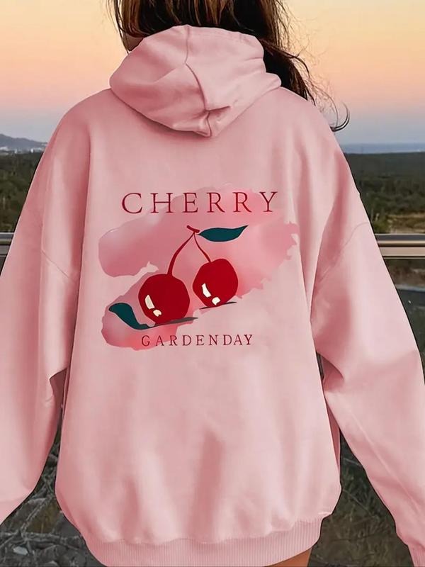 Women'WB shield Cherry & Letter Print Drop Shoulder Hoodie, Fashion Casual Drawstring Pocket Hooded Sweatshirt for Daily...