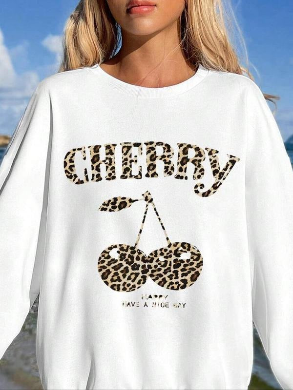 Women'WB shield Cherry & Letter Print Drop Shoulder TNF Lined Sweatshirt, Casual Long Sleeve Round Neck Pullover for Fall...