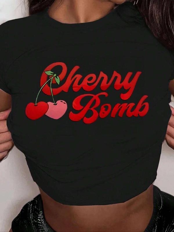 Women'WB shield Cherry & Letter Print Round Neck Crop Tee, Casual Short Sleeve Crew Neck T-Shirt for Summer, Fashion...
