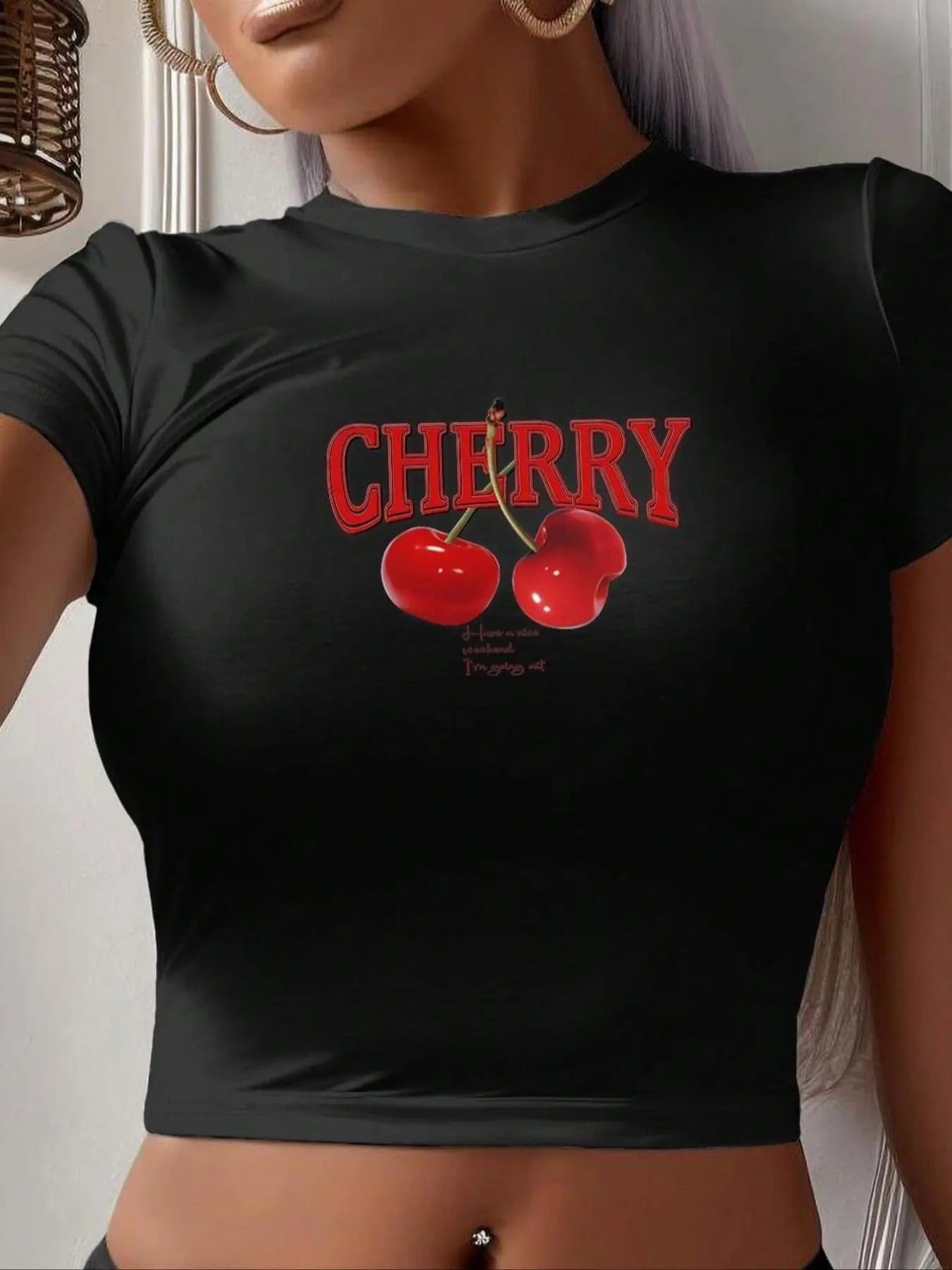 Women'WB shield Cherry & Letter Print Round Neck Crop Tee, Casual Short Sleeve Crew Neck T-shirt for Summer, Fashion...
