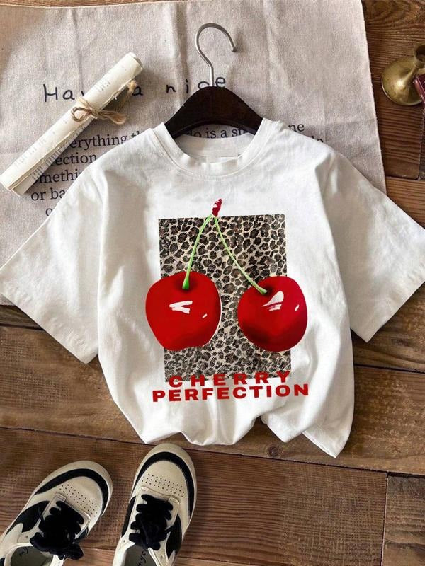 Women'WB shield Cherry & Letter Print Round Neck Tee, Casual Short Sleeve Crew Neck T-Shirt for Summer, Fashion Women'WB...