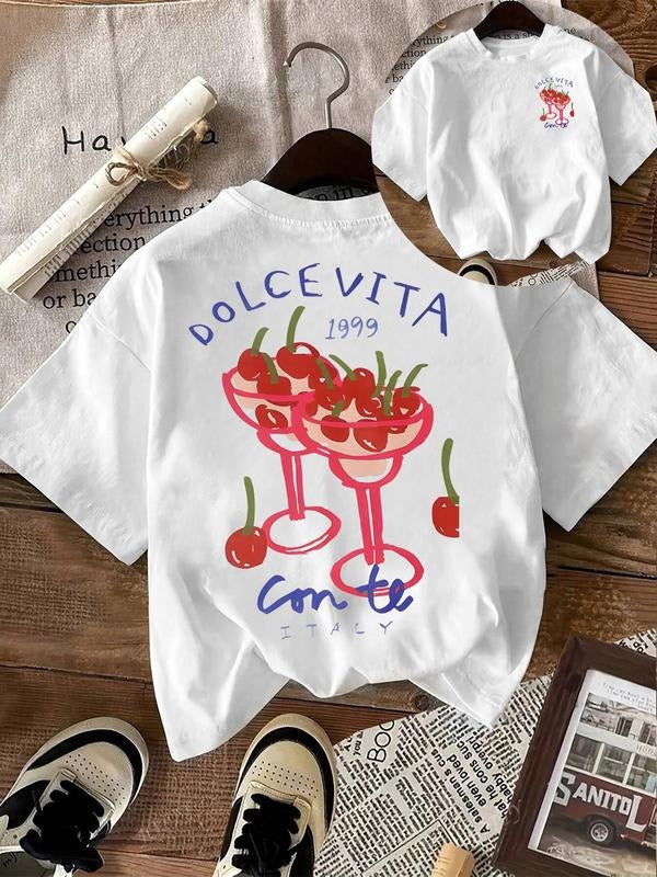 Women'WB shield Cherry & Letter Print Round Neck Tee, Casual Short Sleeve Crew Neck T-Shirt for Summer, Fashion Women'WB...