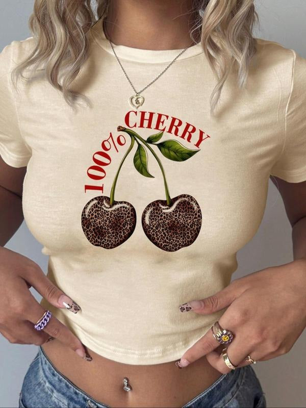 Women'WB shield Cherry & Letter Print Round Neck Tee, Casual Y2K Short Sleeve T-shirt for Summer, Women'WB shield Top for...